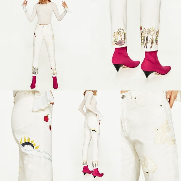 NWT! Zara Vintage High Waist Embroidered Beaded Straight Leg White Jeans Size 4 - Picture 3 of 13